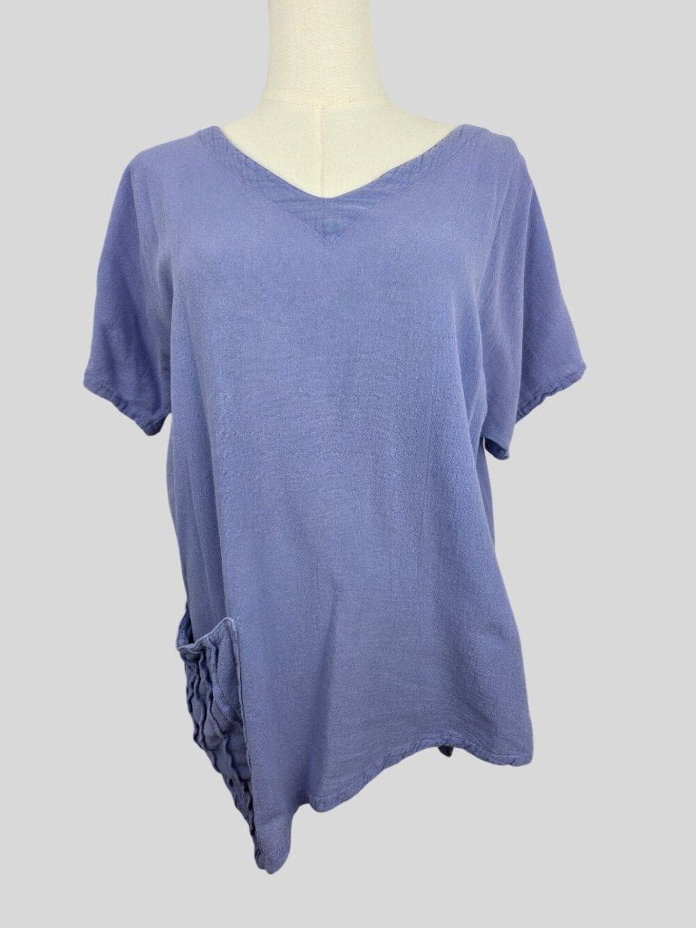 Oh My Gauze! Blue Tunic Top Sz M 100% Cotton V-Neck Lagenlook Asymmetrical Boho